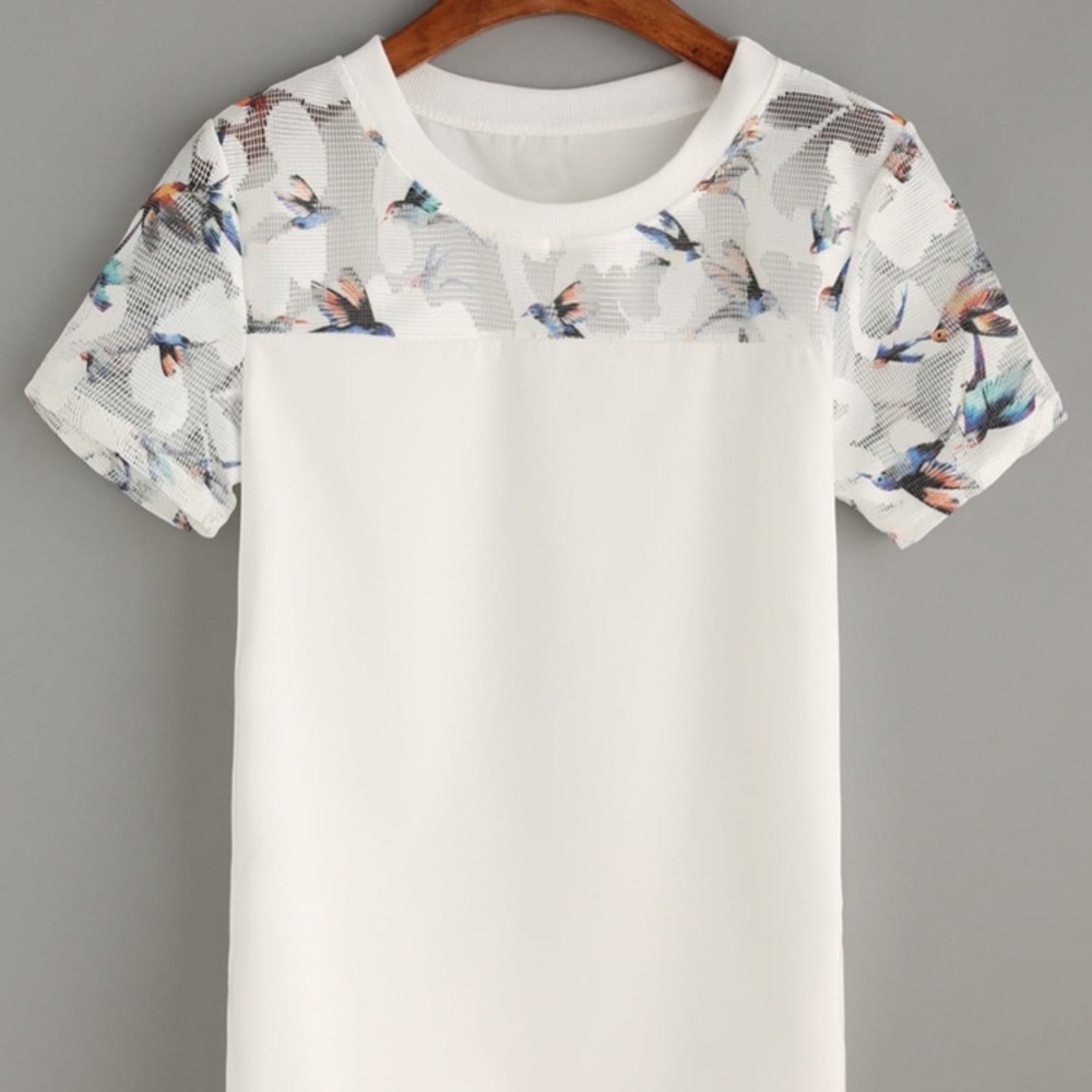 *Bird Print Mesh Insert Tee*